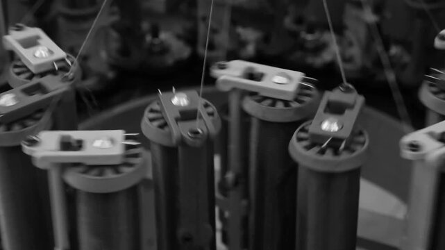 Industrial spools hold wire, each with tension mechanisms. Threads unwind smoothly from spools. Black and white footage captures precise mechanical action