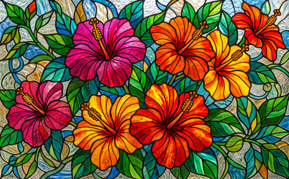 Tropical Hibiscus Flowers Stained Glass Vivid Pattern Digital Art