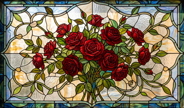 Vibrant Red Roses Stained Glass Window Pattern Digital Art Image
