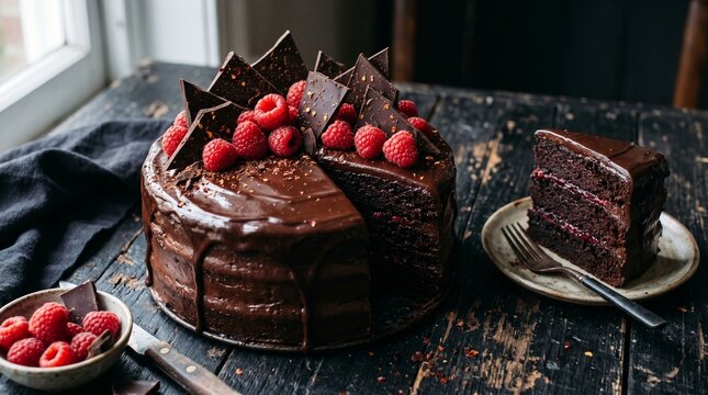 Delicious chocolate cake with raspberries on a rustic table