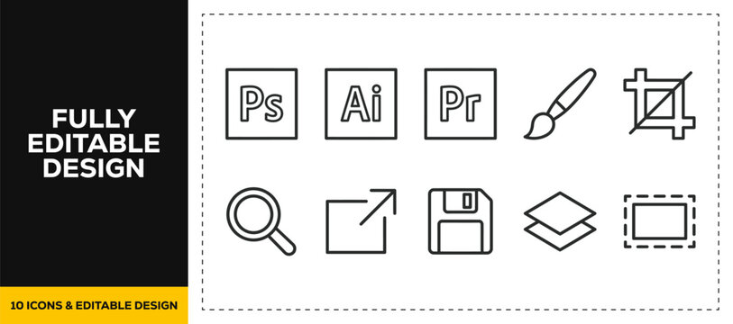 flat vector illustration line art icon bundle set design for graphic design software tools crop pen palette creative workflow digital art editing studio multimedia ui