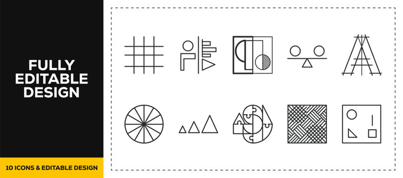 flat vector illustration line art icon bundle set design displaying geometry drafting abstract shapes perspective grid angles math measurement science calculation ui app