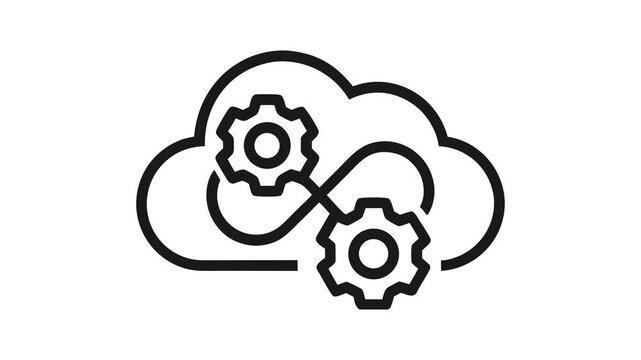 Cloud Automation Outline Animation with Gears and Sync Symbol, Alpha Channel