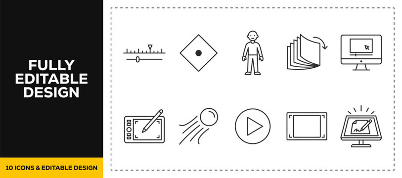 flat vector illustration line art icon bundle set design depicting ui ux design process wireframing prototyping user testing layout web development application coding
