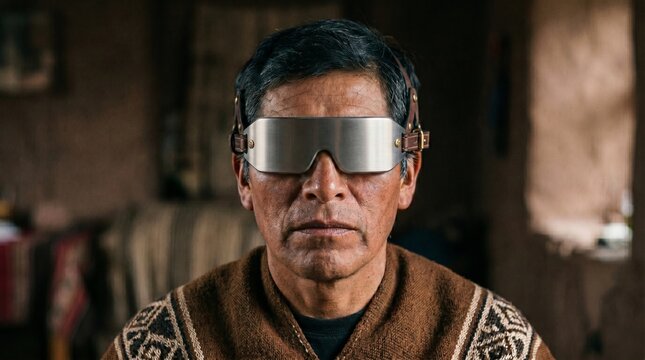 Retrato conceptual de hombre ind&iacute;gena mayor con visor met&aacute;lico cibern&eacute;tico