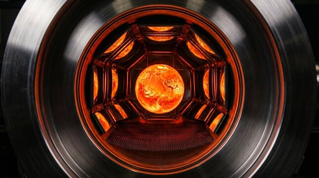 Esfera  metal l&iacute;quido incandescente flotando en vac&iacute;o absoluto