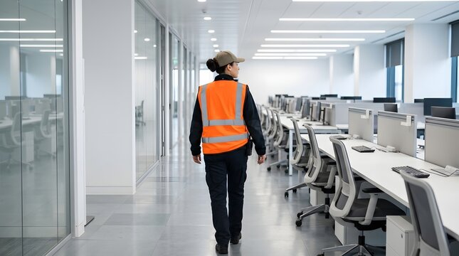 Female guard in orange reflective vest inspecting bright modern corporate office open workspace from behind