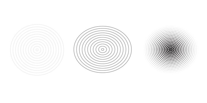Black concentric circle set. Sonar or sound wave ring collection. Dotted and linear epicentre, target, radar icon concept. Ripple radial signal or vibration elements. Vector