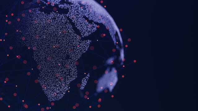 Abstract digital globe with connected nodes and network lines representing global communication, AI, cloud computing, and data technology. Ideal for modern business concepts. 3D rendering.