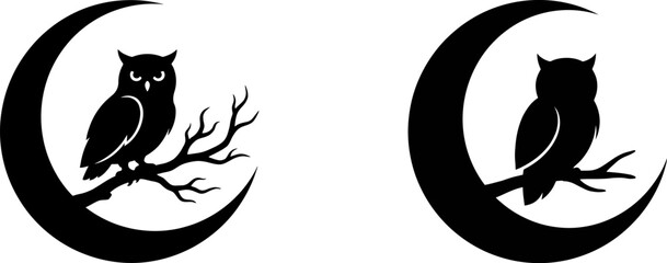 Obraz premium Black silhouette icons of owls sitting on tree branches with crescent moon shapes