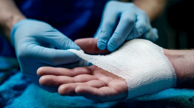 Medical caregiver wearing gloves wrapping white bandage around patient hand wrist during treatment procedure, focusing on injury care, first aid professional healthcare assistance in clinical setting.