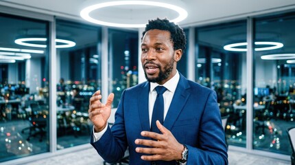 Fototapeta premium Man in suit speaking in modern office with city view.
