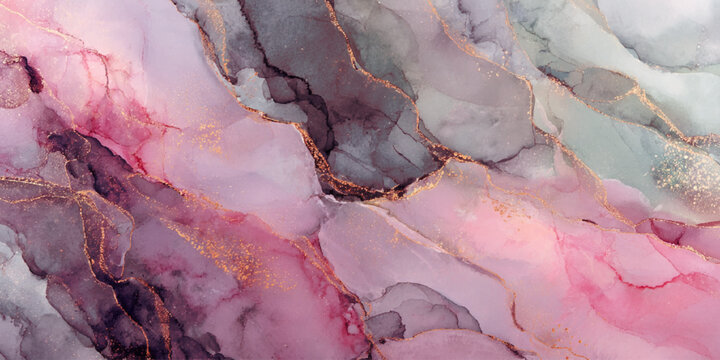 Abstract alcohol ink pink and grey marble texture background, elegant luxury fluid art paint with gold glitter veins