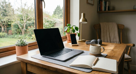 Fototapeta premium Home office desk technology details beside a bright window, home office desk with laptop, notebook, mug, lamp and plants for focused work
