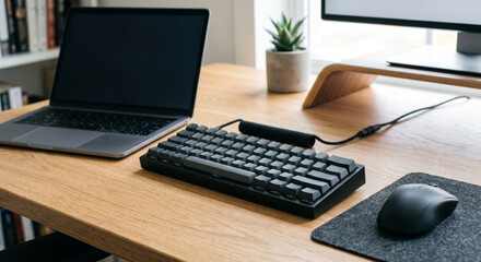 Fototapeta premium Home office desk technology details with laptop and external keyboard, home office desk showing mouse, monitor edge, plant and cable