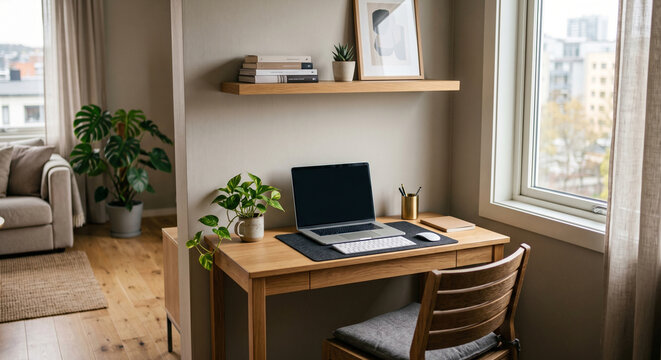 Home office desk technology details in a small room, home office desk setup with laptop, chair, shelves, plant and bright window