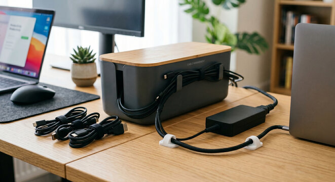 Home office desk technology details with cable dock and devices, home office desk showing monitor, charger, mouse, plant and cable management