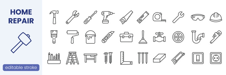 Home Repair and Construction Line Icon Set with Editable Stroke for Renovation and DIY Projects. Vector illustration © Icon World 