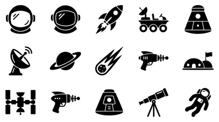 Space Exploration Icons Set Featuring Astronaut Helmets Rockets and Planetary Symbols in Flat Style © Vectscape