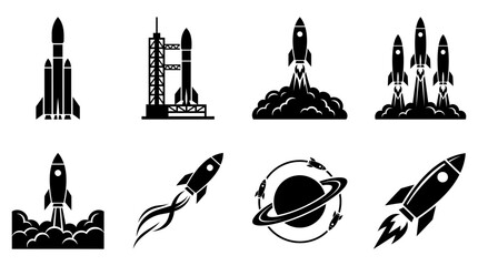 Black Silhouette Rocket Icons Set Featuring Space Launch Vehicles and Planetary Orbiting Missions © Vectscape