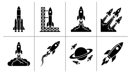 Black Silhouette Rocket Icons Set Featuring Space Launch Vehicles and Planetary Exploration Graphics © Vectscape