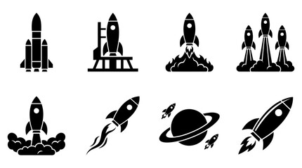 Black Silhouette Rocket Icons Set Featuring Space Launch Vehicles and Planetary Exploration Graphics © Vectscape