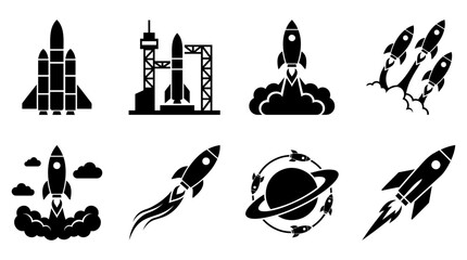 Black Silhouette Rocket Icons Set Featuring Space Launch Vehicles and Orbital Flight Missions Style © Vectscape