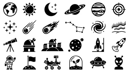 Set of black space and astronomy silhouettes featuring planets stars rockets and celestial icons © Vectscape