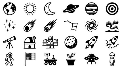 Collection of Space and Astronomy Icons Featuring Planets Stars and Exploration Equipment in Silhouette © Vectscape