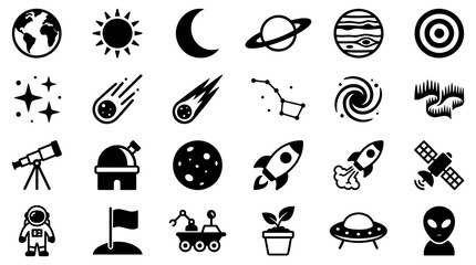 Collection of Space and Astronomy Icons Featuring Planets Stars and Exploration Symbols in Silhouette © Vectscape