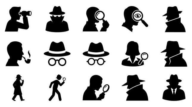 Detective and Spy Silhouette Icon Set Featuring Magnifying Glass and Trench Coat Styles