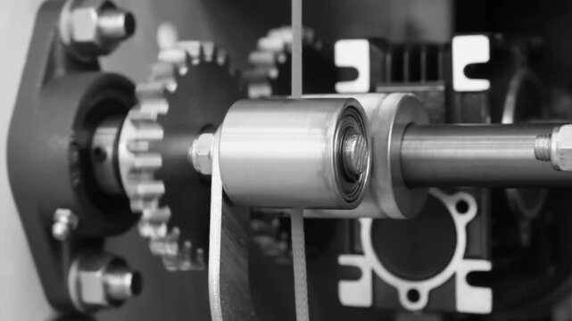 Close-up of metal rollers in industrial machinery. Springs connect rollers to the frame. Chain drives the rolling mechanism. Monochrome footage highlights mechanical precision