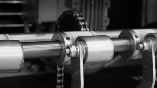 Close-up of metal rollers in industrial machinery. Springs connect rollers to the frame. Chain drives the rolling mechanism. Monochrome footage highlights mechanical precision