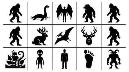 Collection of Mythical Creature Silhouettes and Cryptid Icons in a Minimalist Vector Graphic Style © Vectscape