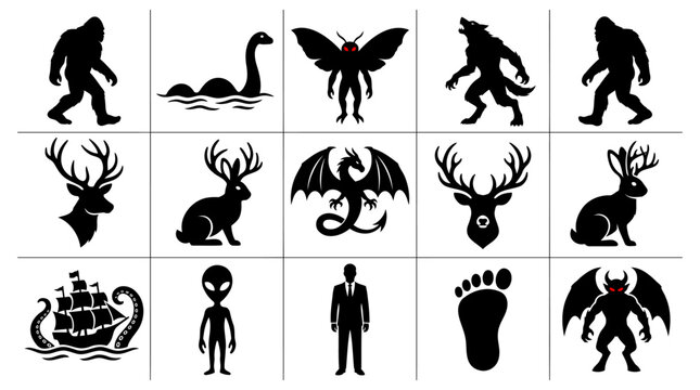 Collection of Mythical Creature Silhouettes Featuring Cryptids and Folklore Monsters in Vector Style
