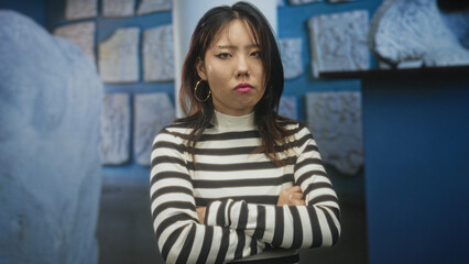 Woman with arms crossed wearing striped sweater and hoop earrings in museum gallery with stone reliefs  disapproval defiance. © Krakenimages.com