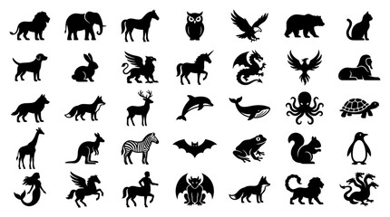 Fototapeta premium Collection of animal silhouettes featuring wild creatures and mythical beasts in a flat vector style
