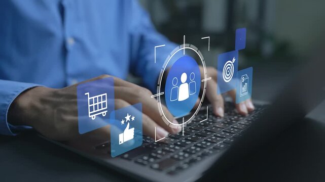 Customer insights concept. Person using laptop with customer analytics and data visualization icons, consumer behavior analysis, audience understanding and business intelligence.