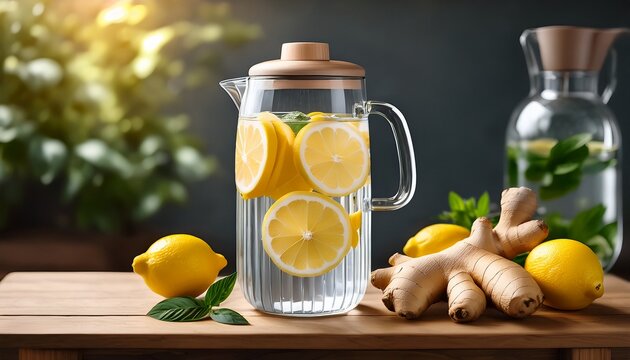 refreshing homemade ginger and lemon infused water in a glass dispenser with fresh lemons and ginger root on a wooden table