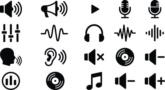 Speaker and music note icons display essential audio control functions for multimedia applications.