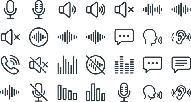 Microphone and sound wave icons illustrate voice communication and auditory feedback in a clean linear style.