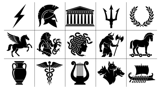 Collection of Greek Mythology Silhouettes Featuring Ancient Gods and Legendary Creatures Vector Icons