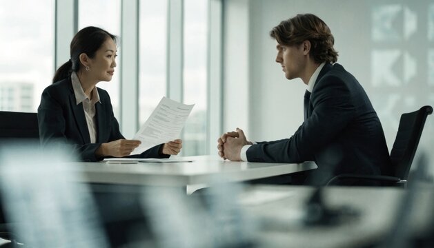 Human resources manager interviewing a job applicant in a well lit contemporary office environment emphasizing the recruitment and hiring process