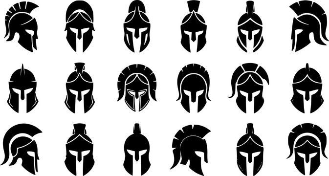 Ancient Greek Spartan and Roman gladiator warrior helmet vector silhouette icon set featuring historic Trojan soldier headgear, Corinthian armor face guards, and knight crest designs.