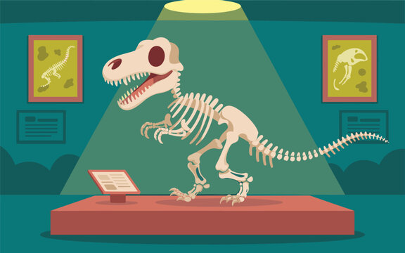 Dinosaur skeleton on display in museum with educational sign nearby