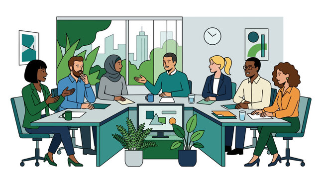 A diverse team of professionals engages in a productive collaborative brainstorming session while sharing ideas and strategy plans during a comprehensive project meeting held inside an office