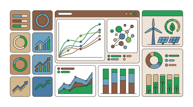 A comprehensive digital dashboard displays various interactive performance charts and energy metrics that help analysts interpret complex data trends regarding renewable power sources