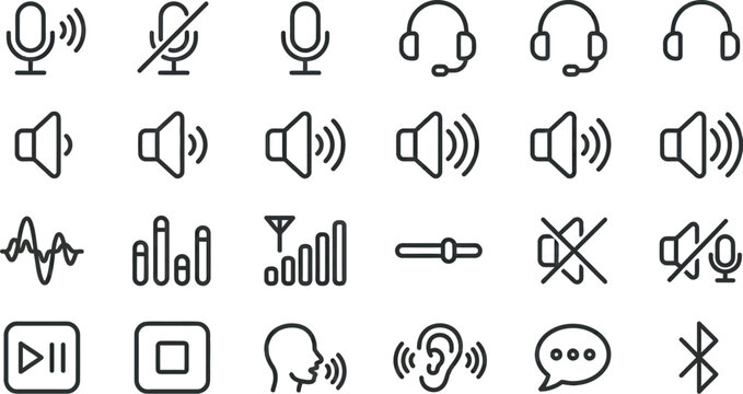 Audio interface icons illustrate sound settings and communication controls in a simple black and white line art style.