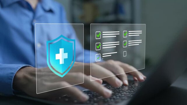 Insurance policy document concept. Person using laptop with insurance and policy document icons, coverage management, risk protection and digital insurance services.