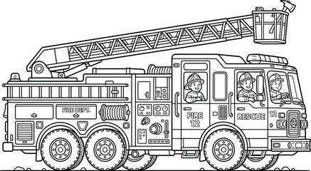 Fototapeta premium Fire truck with an extendable ladder and emergency personnel stands ready for rescue operations.